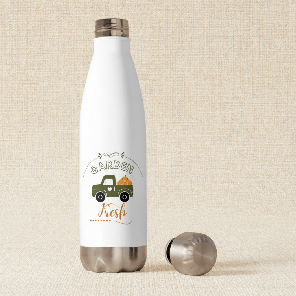 White insulated bottle with 'Garden Fresh' design on a white background