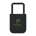 Black tote bag with green tree and 'Garden Strong' text on a white background