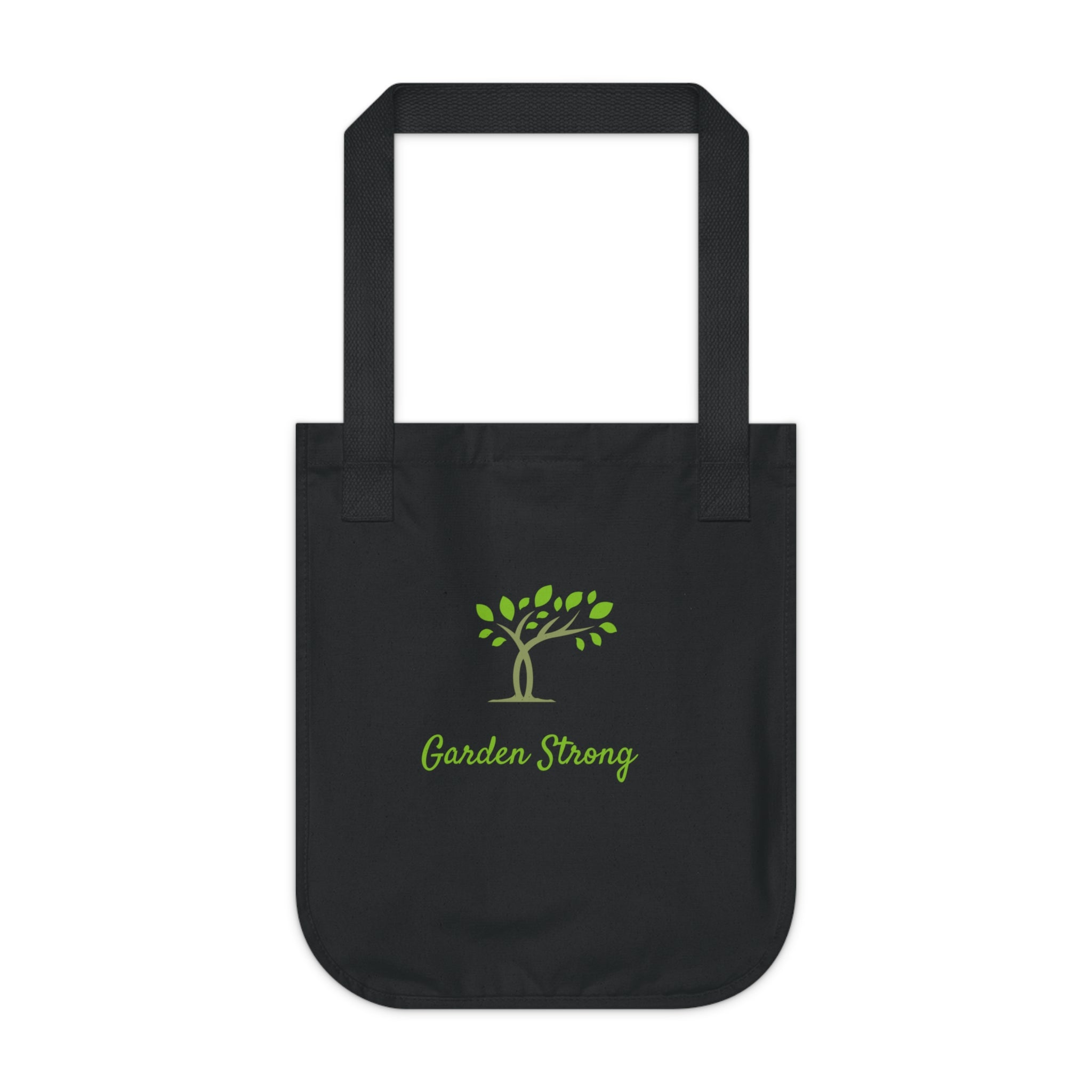 Black tote bag with green tree and 'Garden Strong' text on a white background
