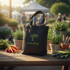 Black tote bag with 'Garden Strong' logo on a table with gardening tools and plants.