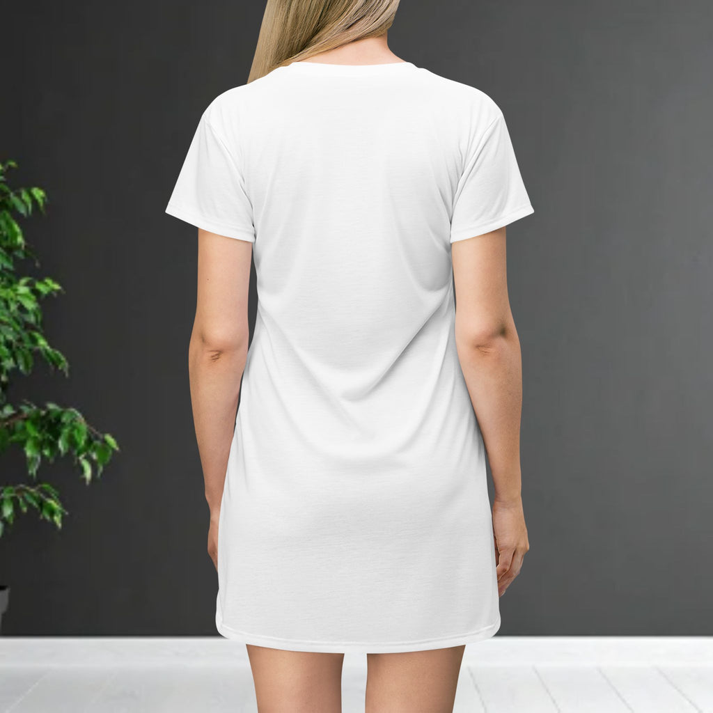 Person wearing a white t-shirt dress against a dark gray background