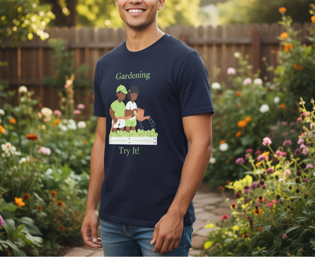 Man wearing a navy blue t-shirt with a graphic of two children gardening and text 'Gardening Try It!' in a garden setting.
