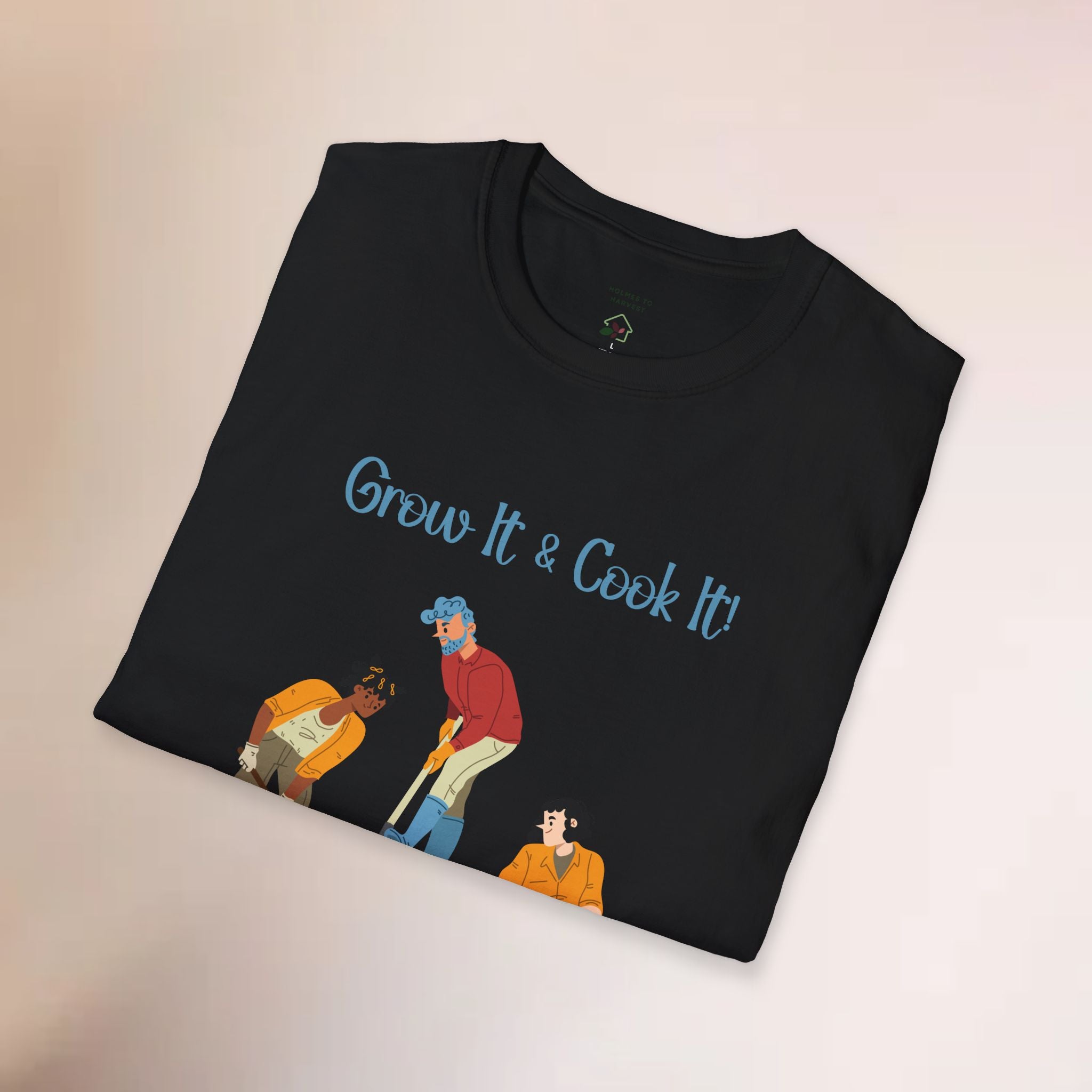 Black t-shirt with colorful graphic and 'Grow It & Cook It!' text on a beige background