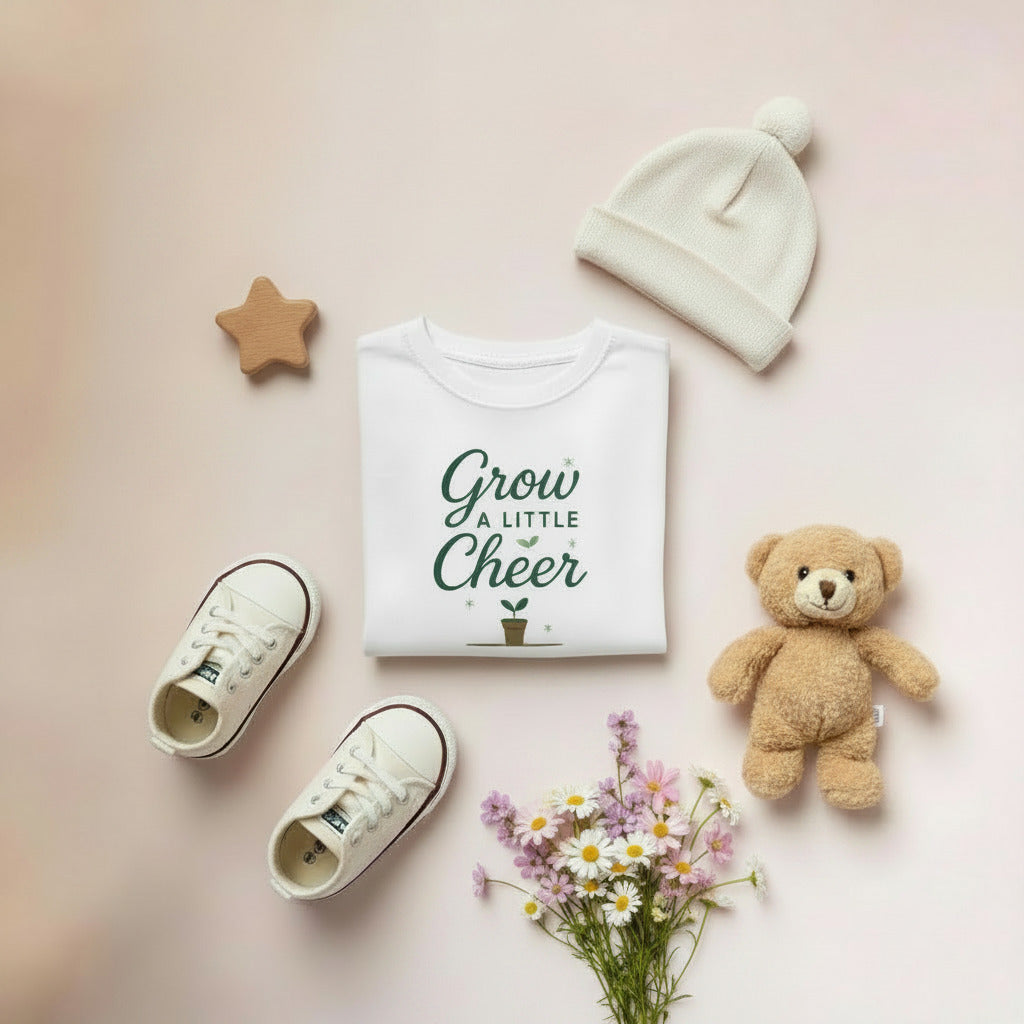 White long-sleeve shirt with 'Grow a Little Cheer' text on a gradient background