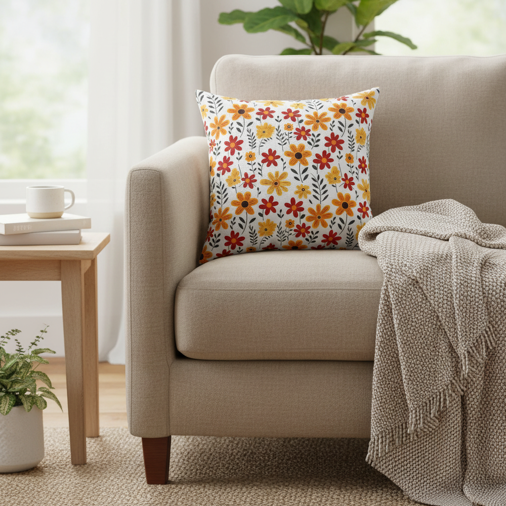 Beige armchair with a floral pillow and blanket in a bright living room.