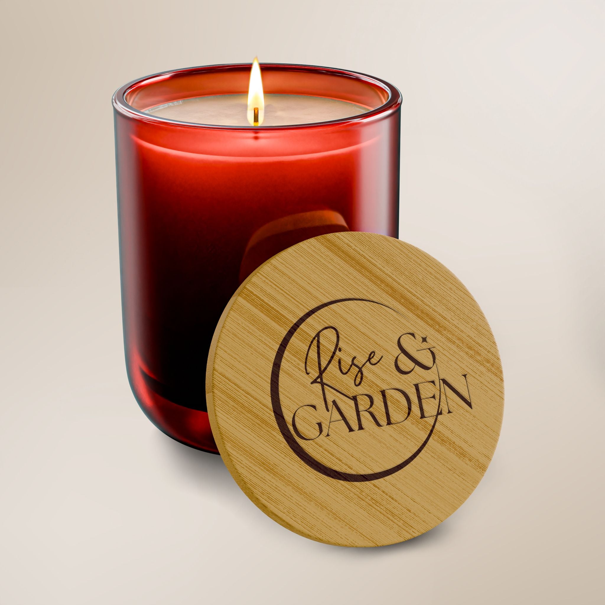Candle with a wooden lid labeled 'Rise & Garden' on a beige background