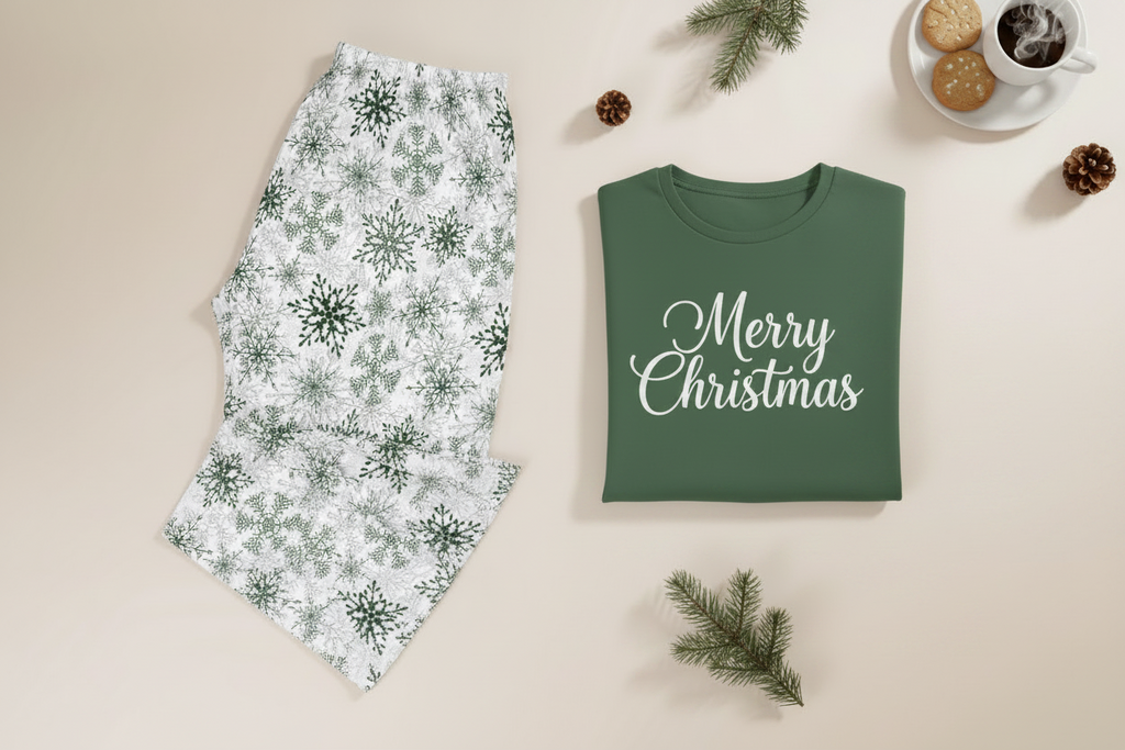 A flat-lay of a Christmas-themed pajama set on a warm beige background, featuring a green long-sleeve crop top with 'Merry Christmas' printed in white script, and matching green-and-white snowflake-patterned pants. Pine branches, cookies, and a cup of coffee are styled around the outfit.