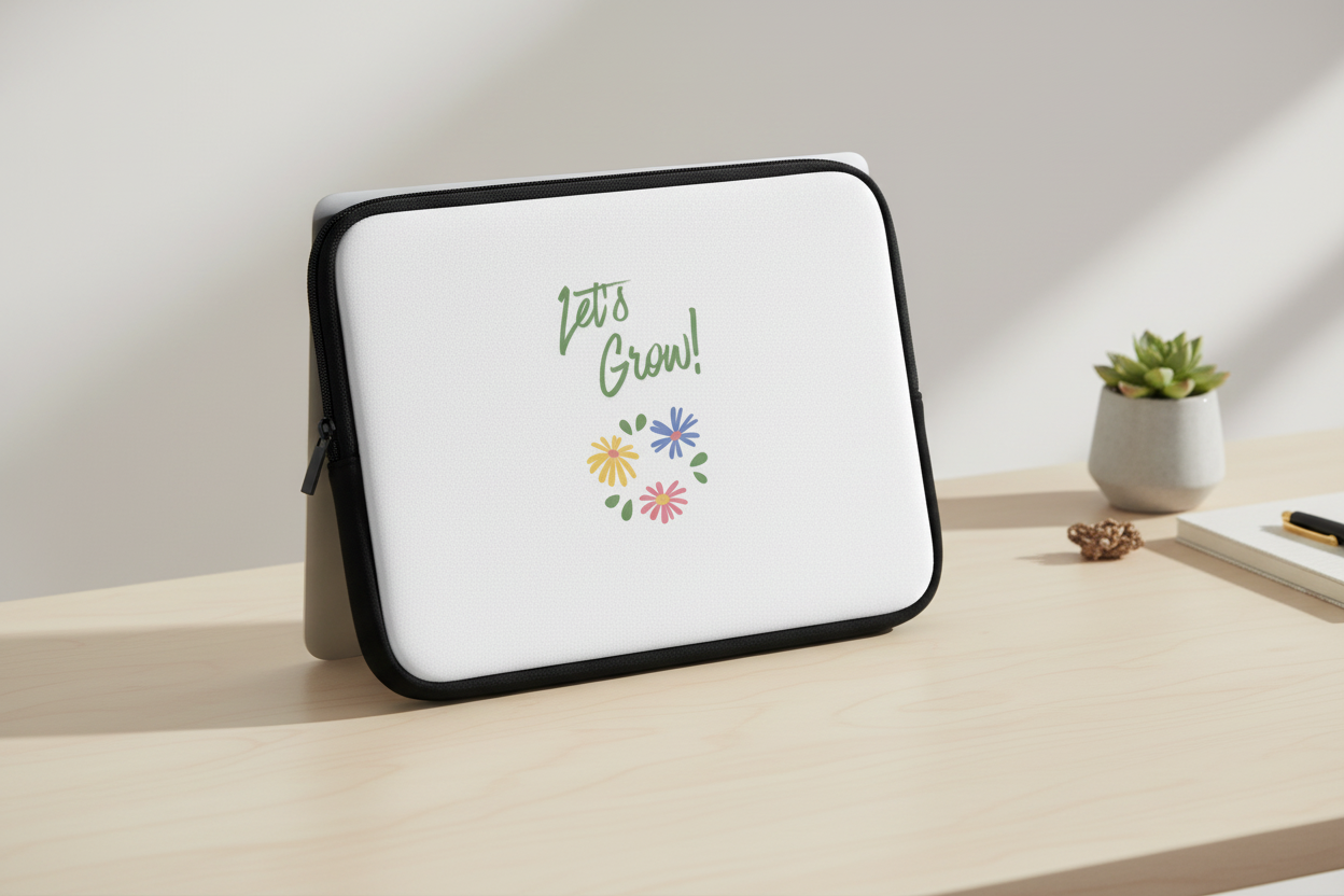 Laptop sleeve with 'Let's Grow!' text and floral design on a desk.
