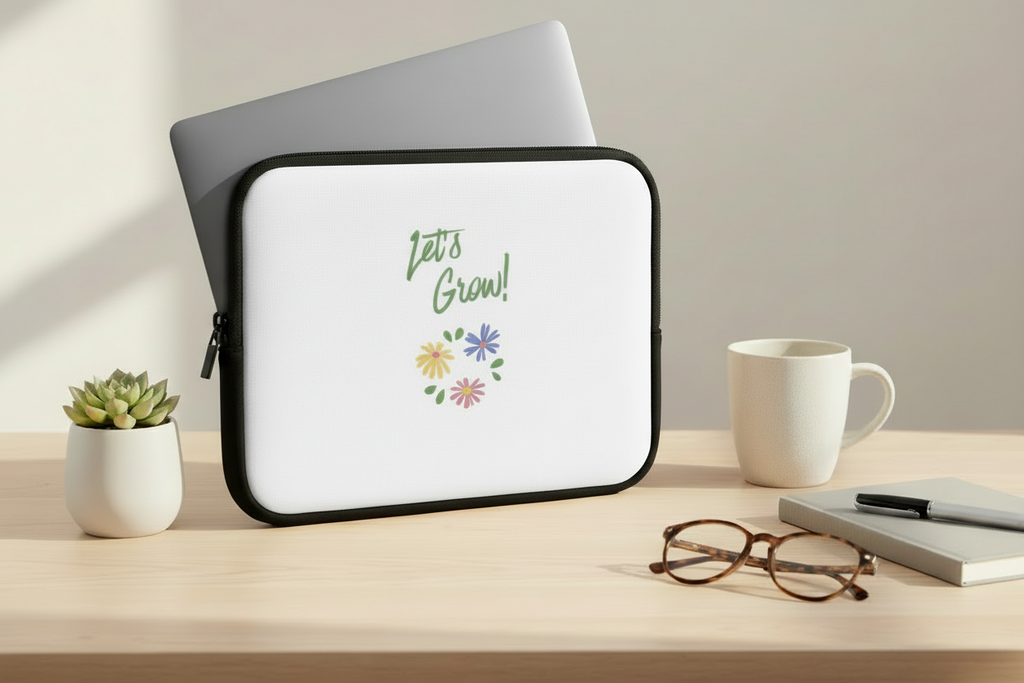 Laptop with a white sleeve featuring 'Let's Grow!' text and floral design on a desk with a cup, glasses, and notebook.