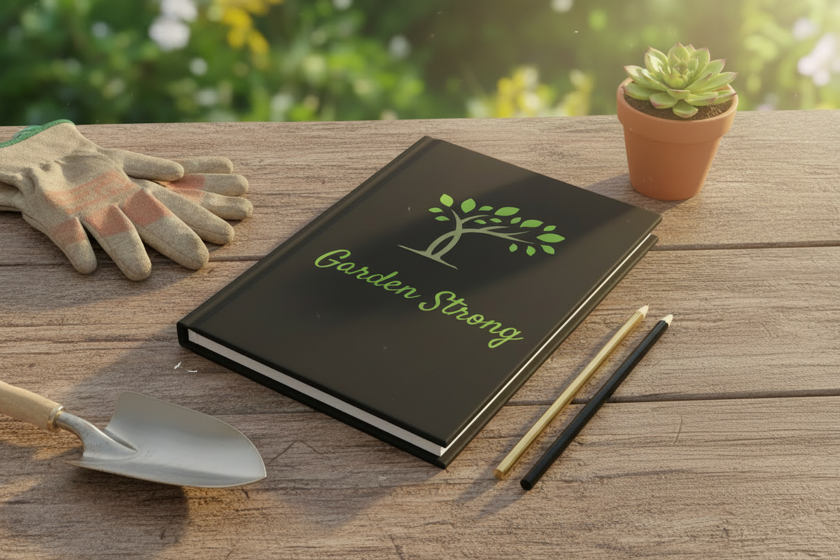 A black hardcover notebook or journal with a green tree logo and the words 'Garden Strong' lies on a wooden table outdoors, surrounded by gardening props including gloves, a small potted succulent, a trowel, pencils, and soil.