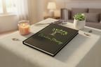 A black hardcover journal or book with a green tree logo and the words 'Garden Strong' on the cover, placed on a light beige tablecloth in a softly lit living room setting. A lit candle, lavender sprigs, a small potted succulent, and scattered leaves surround it.