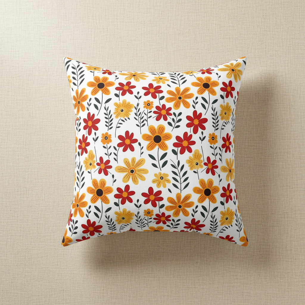 Floral patterned pillow with orange, red, and yellow flowers on a white background