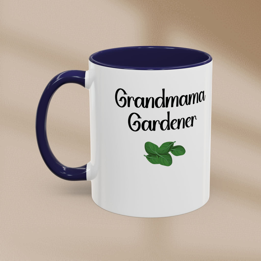 Mug with 'Grandmama Gardener' text and leaf design on a beige background