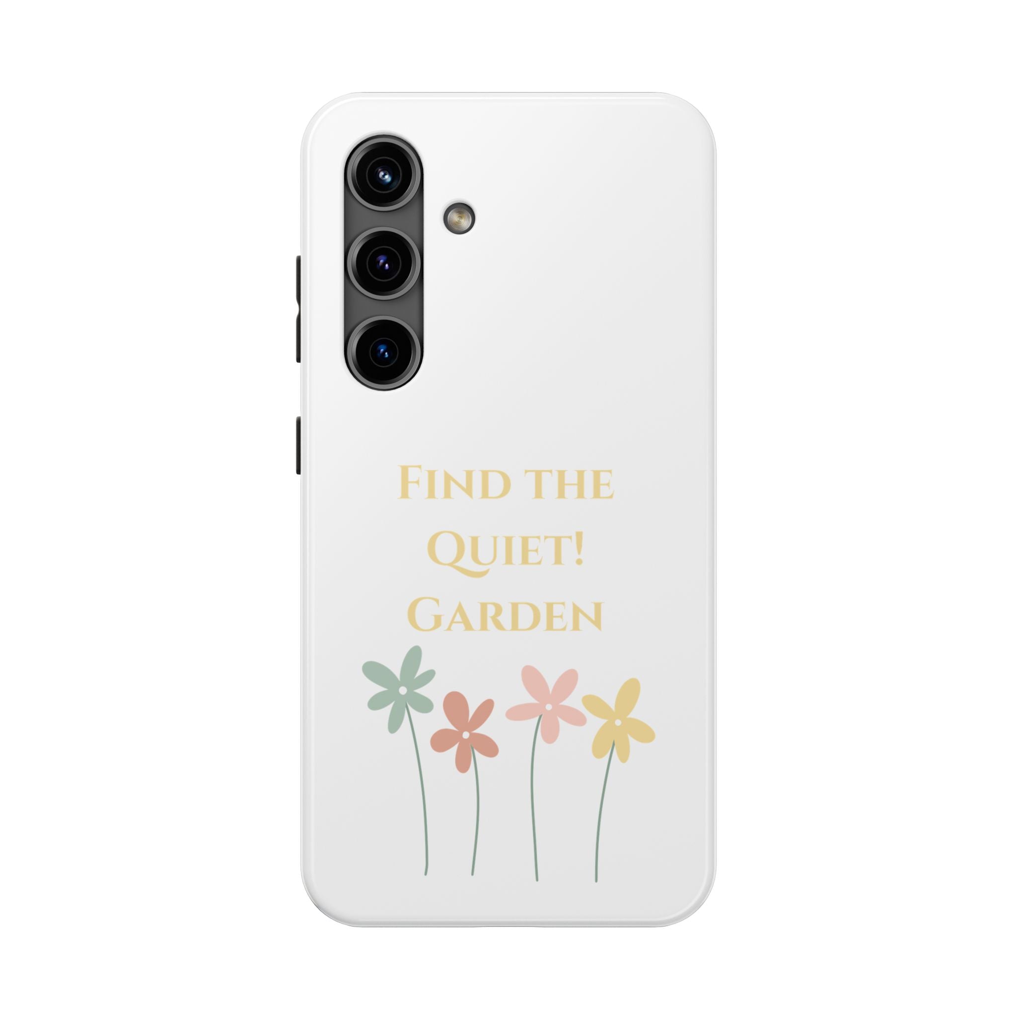 Phone case with floral design and text on a white background