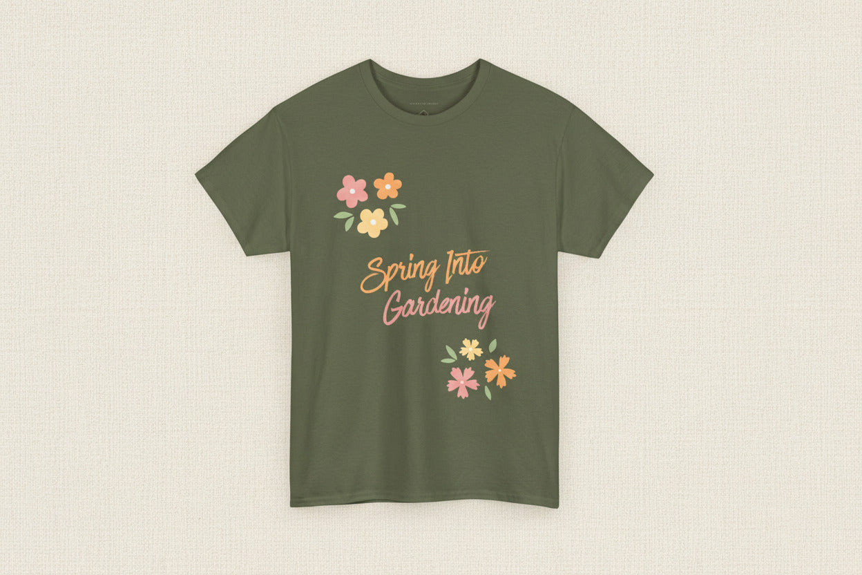 Green t-shirt with 'Spring Into Gardening' text and floral designs on a white background