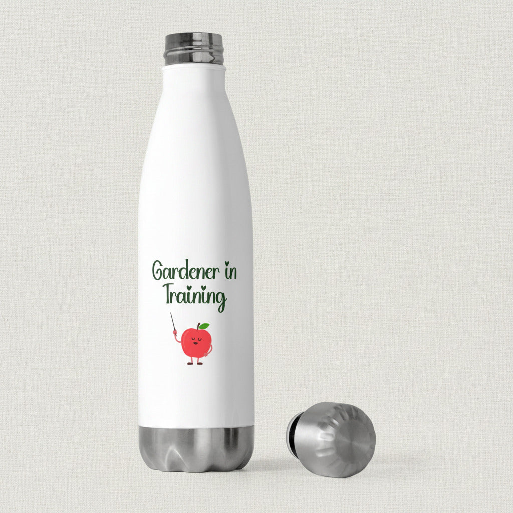 White water bottle with 'Gardener in Training' text and apple graphic on a white background