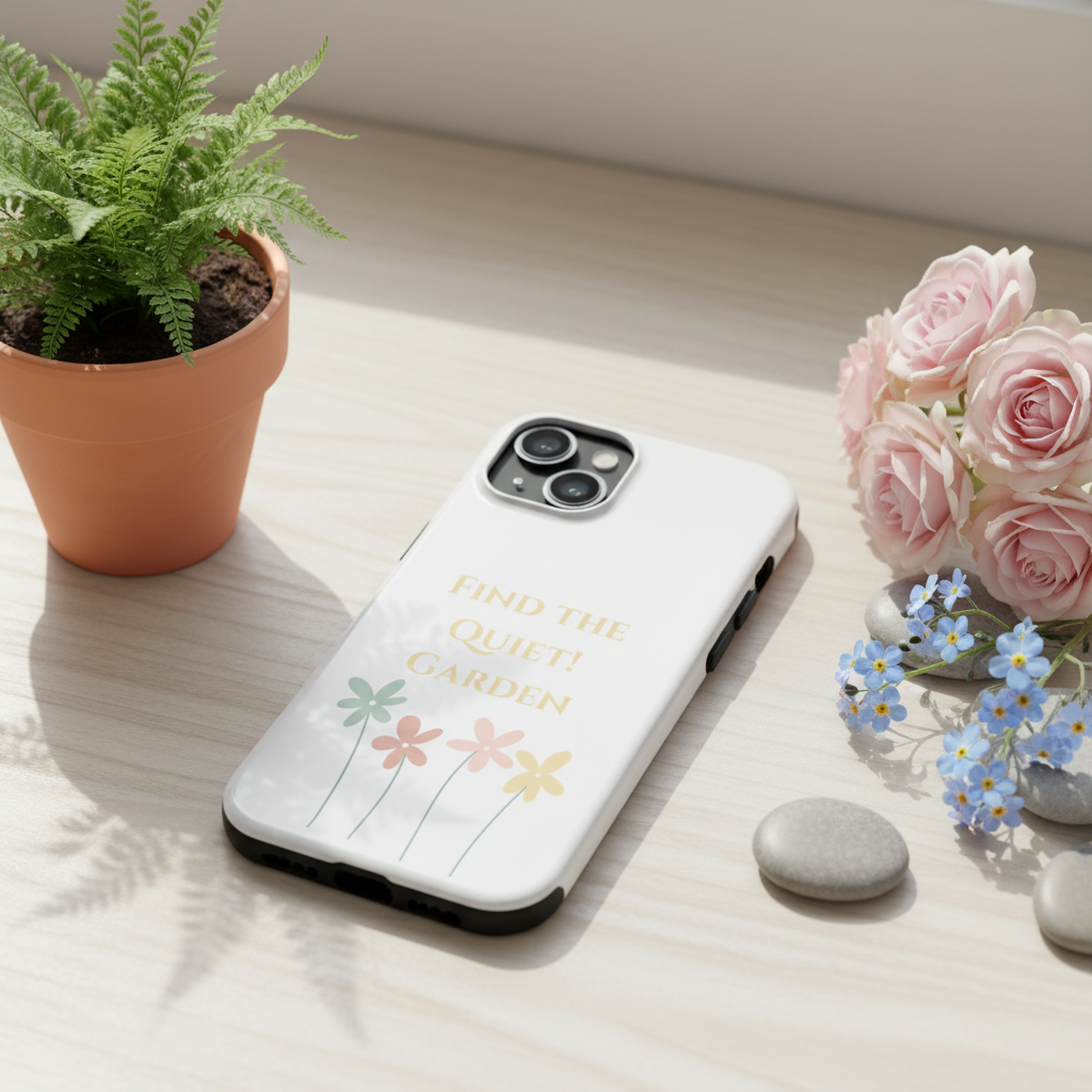 Phone case with floral design and text on a table with flowers and a plant