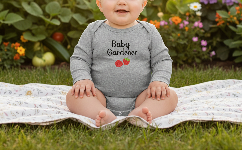 Baby wearing a 'Baby Gardener' onesie sitting on a blanket outdoors.