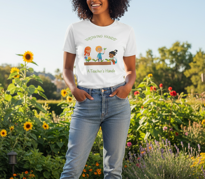 Person wearing a white t-shirt with a graphic design in a garden setting