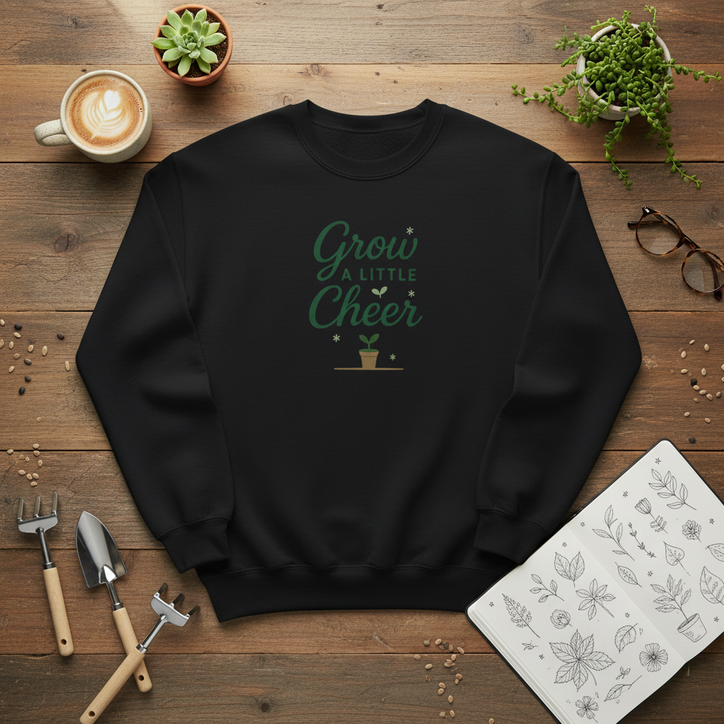 Black sweatshirt with 'Grow a Little Cheer' text on a wooden surface with plants and a cup of coffee.