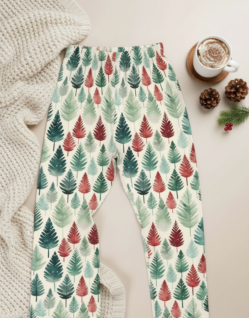 A pair of cream-colored leggings with an all-over pattern of pine trees in shades of green, teal, and muted red, styled in a cozy flat-lay with a chunky knit blanket, a cup of coffee, and pinecones.