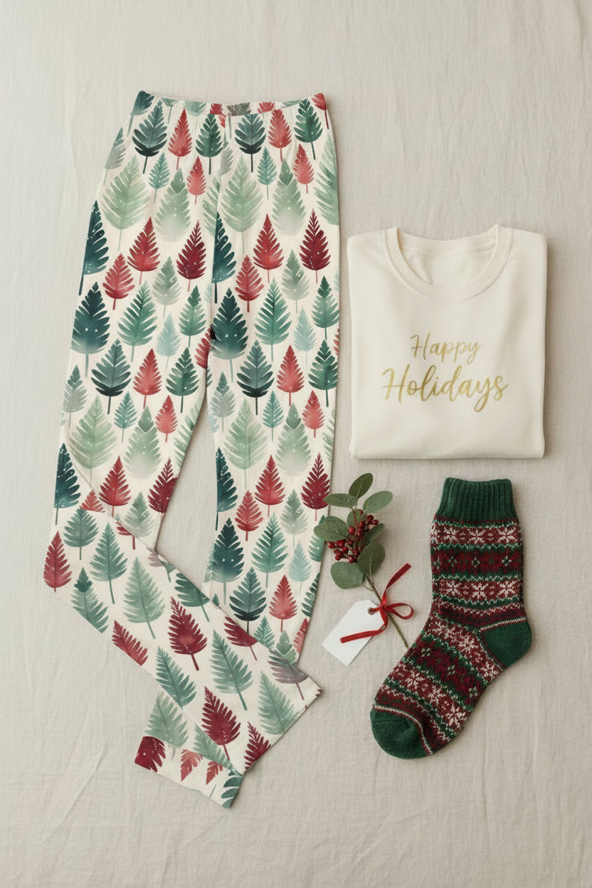 A holiday-themed flat lay featuring a pair of cream pajama pants with a green and red pine tree pattern, a cream folded sweatshirt with gold 'Happy Holidays' lettering, and a pair of green and red patterned knit socks, arranged on a light fabric background.