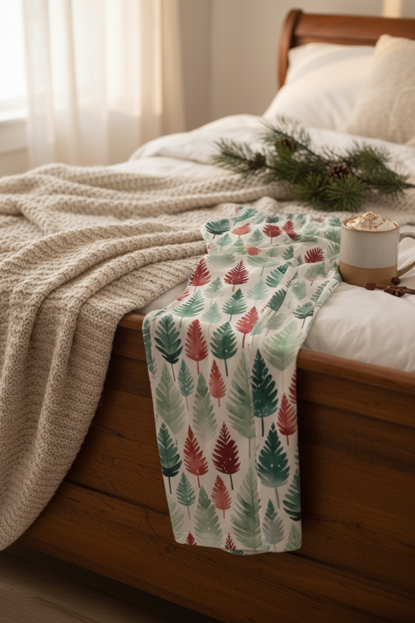 A pair of wide-leg pants featuring an all-over watercolor pine tree pattern in shades of teal, sage green, and muted red on an off-white background, displayed flat against a neutral beige backdrop.