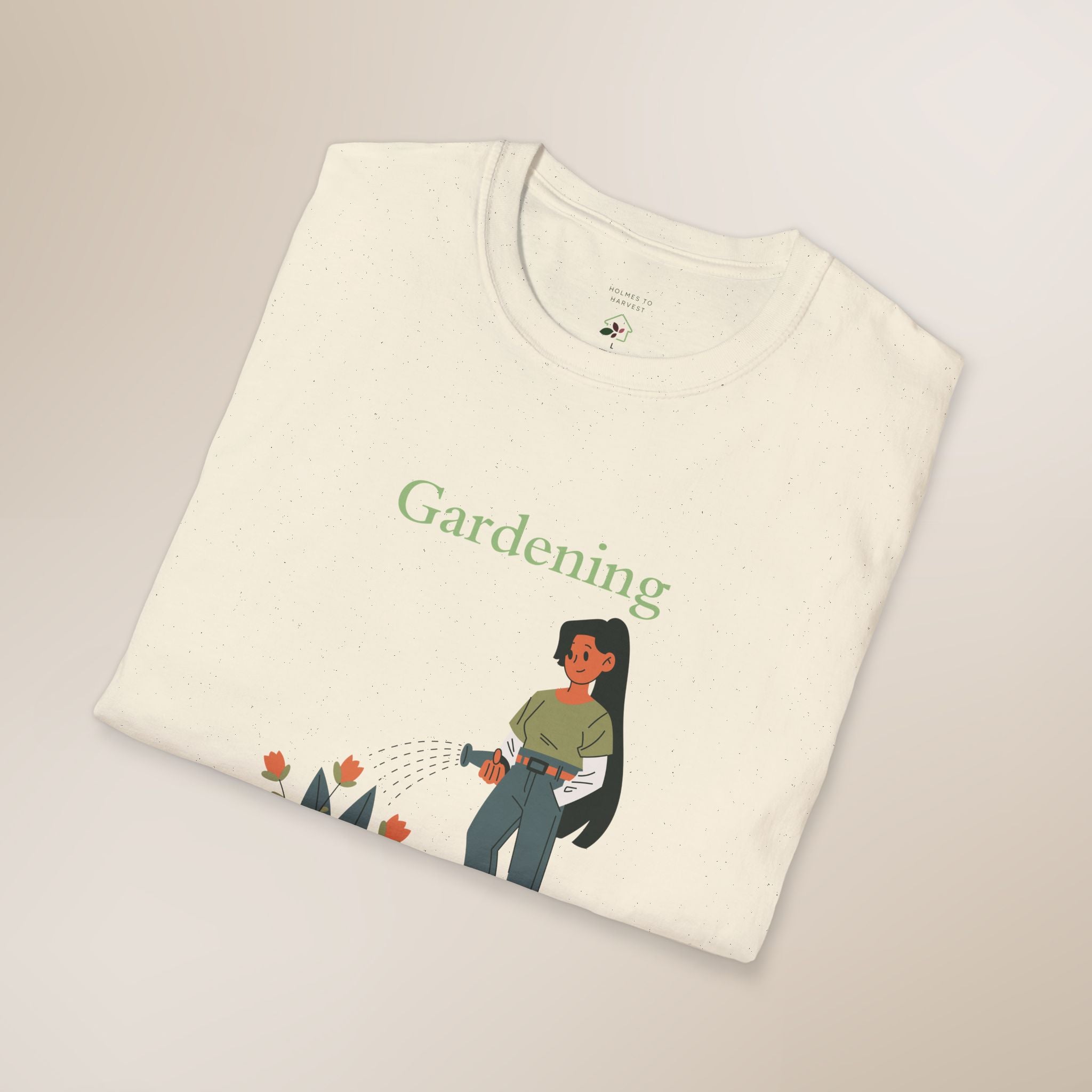 Folded t-shirt with a graphic of a person gardening and the word 'Gardening' on a light background