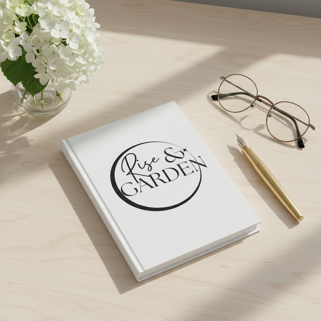 Notebook with 'Rise & Garden' on a wooden surface with glasses and pen