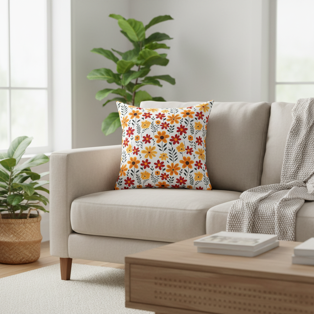 Beige sofa with a floral pillow in a living room setting