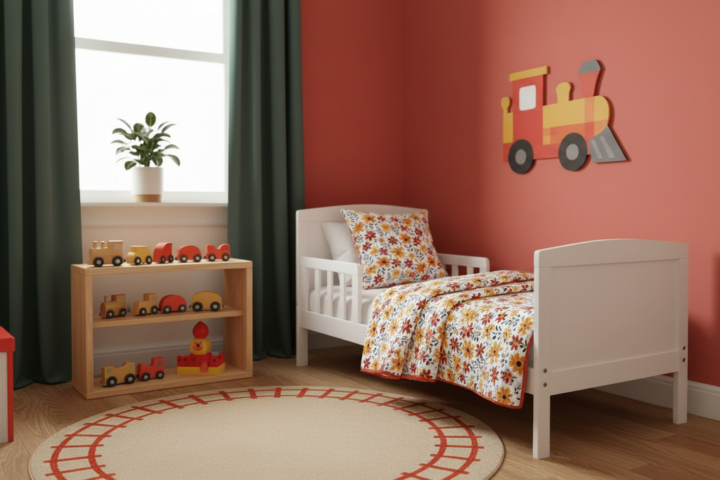 Children's bedroom with a bed, toy shelf, and train-themed decor.