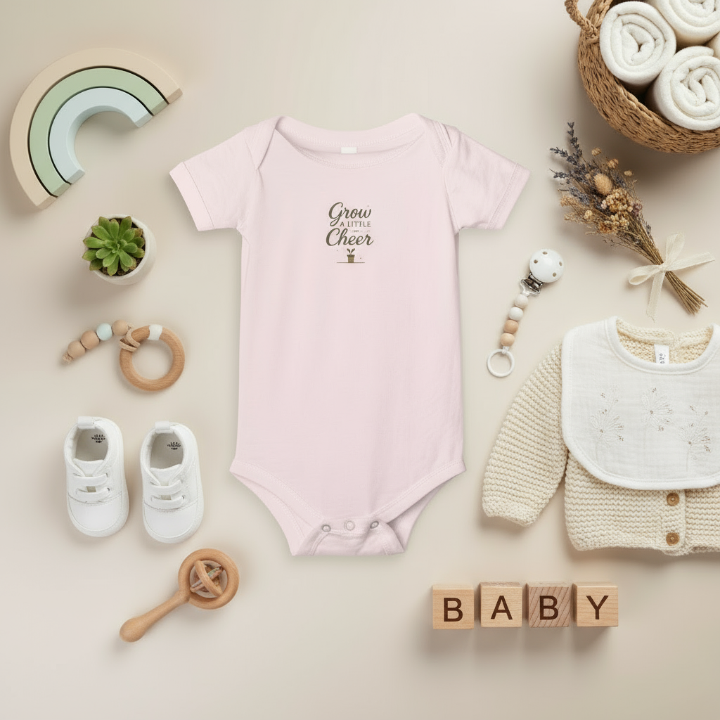 Baby clothing and accessories including a pink onesie, shoes, and toys on a neutral background.