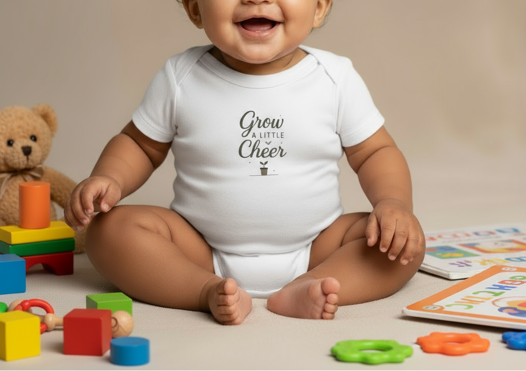 Baby sitting on a beige surface with colorful toys and a teddy bear, wearing a white onesie with text.