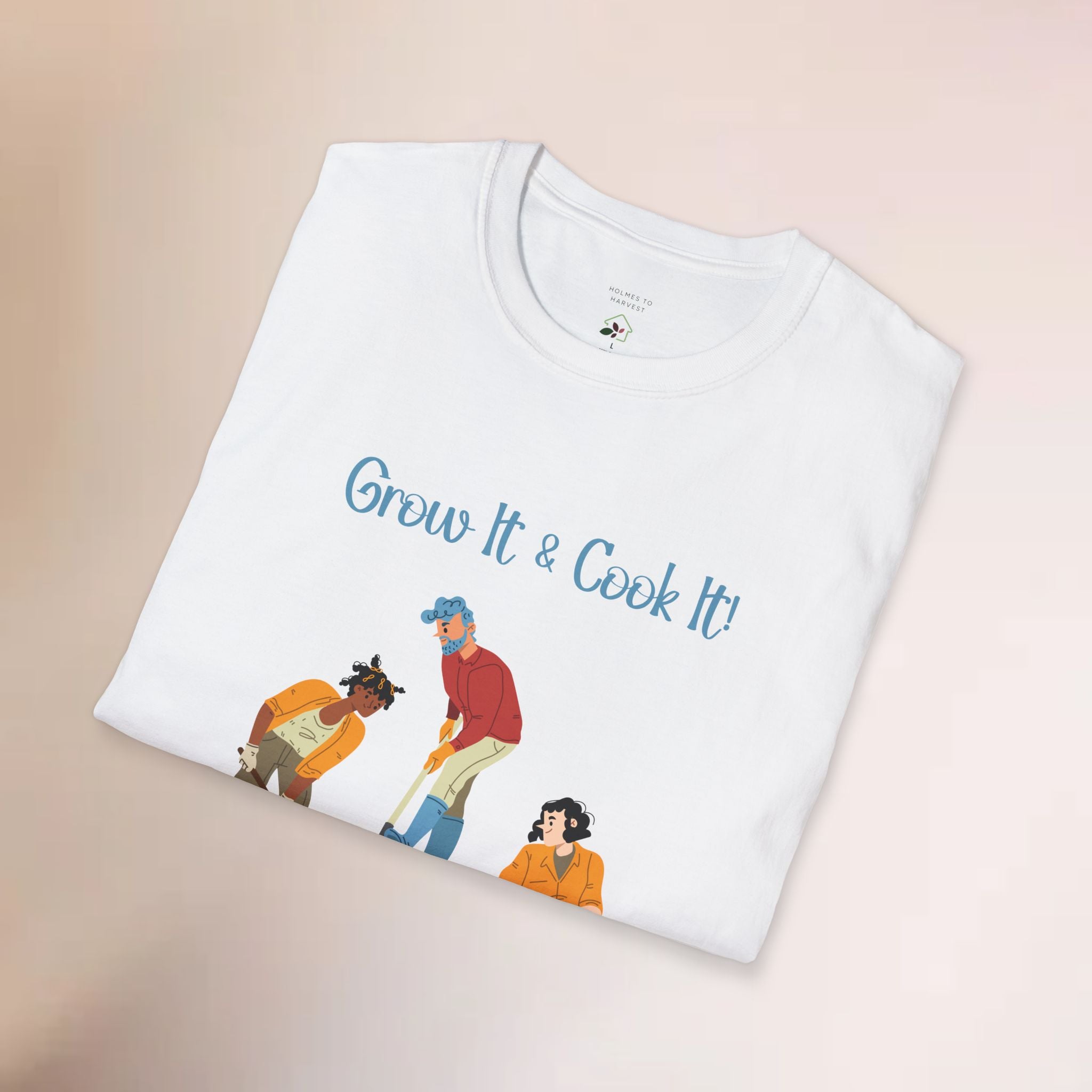 White t-shirt with illustrations and 'Grow It & Cook It!' text on a beige background
