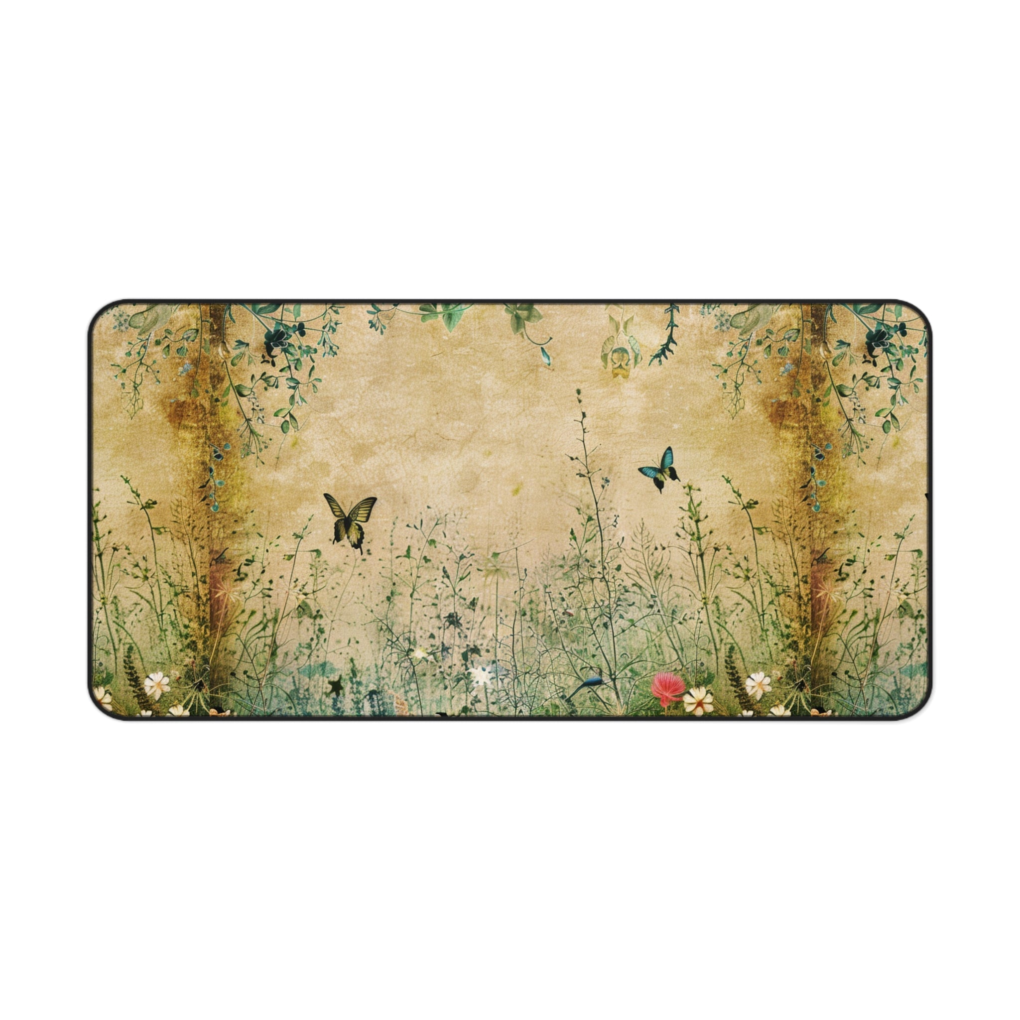 Decorative mat with floral and butterfly design on a beige background