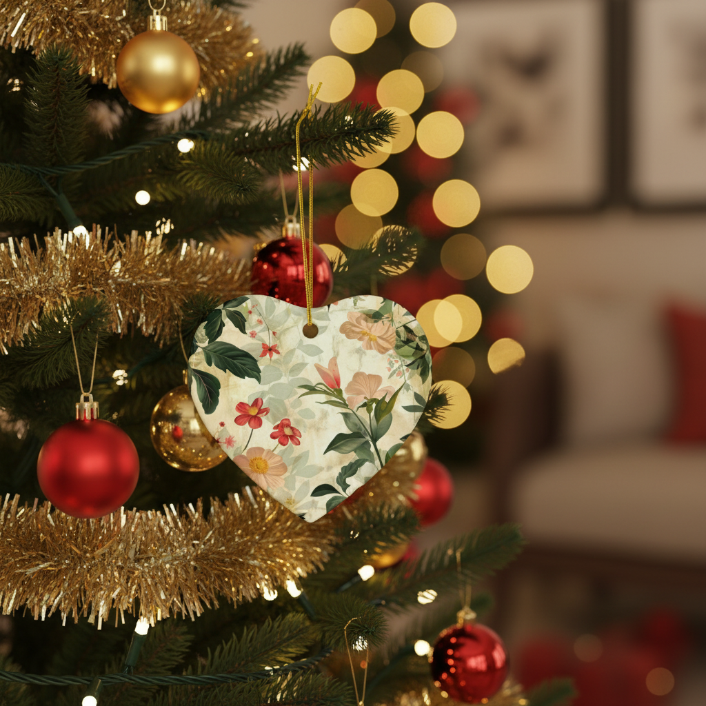 Decorative heart ornament with floral pattern on a Christmas tree with red and gold ornaments.