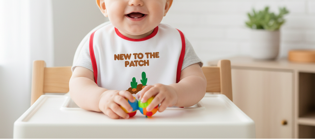 Baby sitting on a high chair wearing a shirt with 'New to the Patch' text, holding a colorful toy.