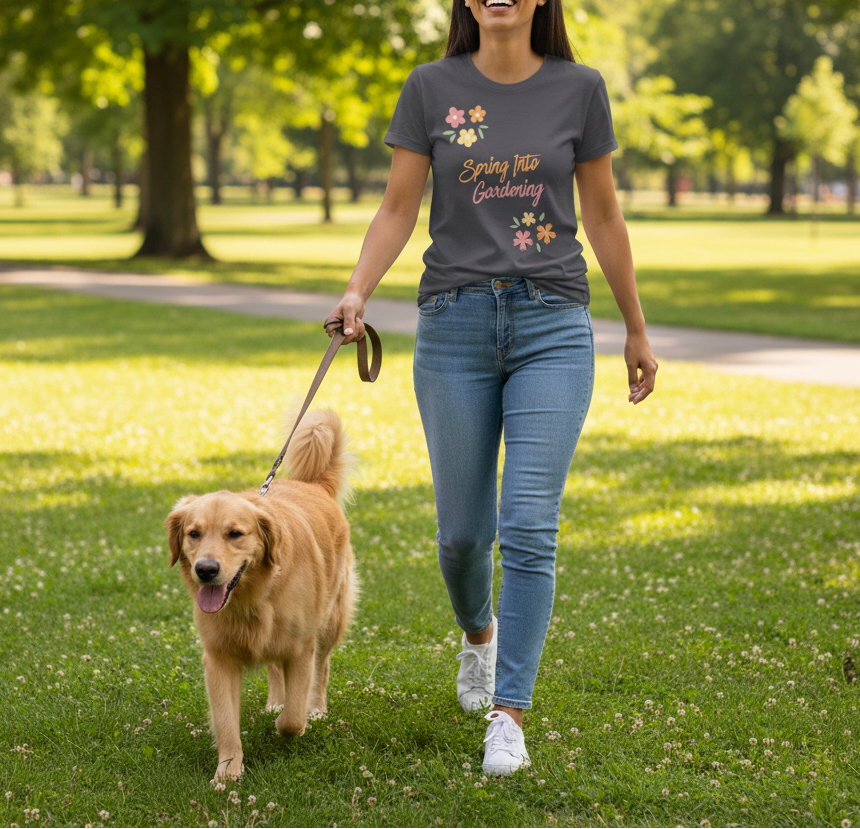 Woman walking a dog in a park wearing a t-shirt with floral designs and text.