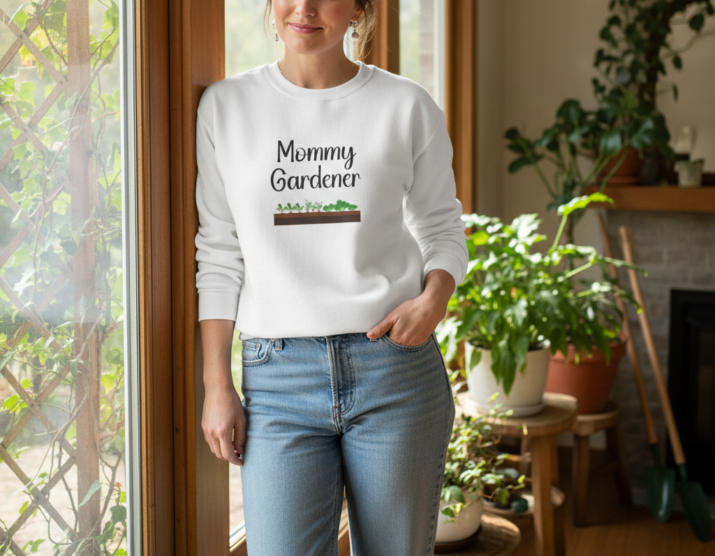 Woman wearing a white sweatshirt with 'Mommy Gardener' text in a home setting with plants.