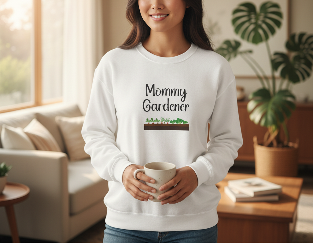 Woman wearing a white sweatshirt with 'Mommy Gardener' text, holding a cup in a living room.
