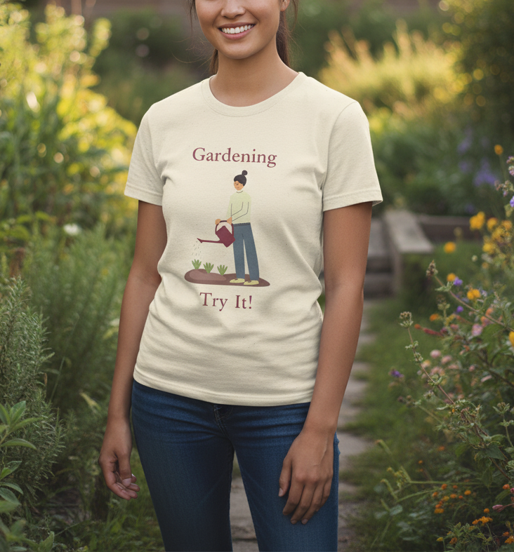 Person wearing a t-shirt with gardening graphic and text in a garden setting