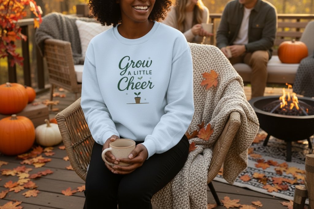 Light blue sweatshirt with 'Grow a Little Cheer' text on a white background
