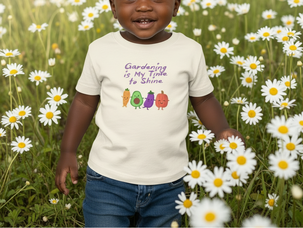 Child wearing a t-shirt with 'Gardening is My Time to Shine' and vegetable graphics in a field of flowers.