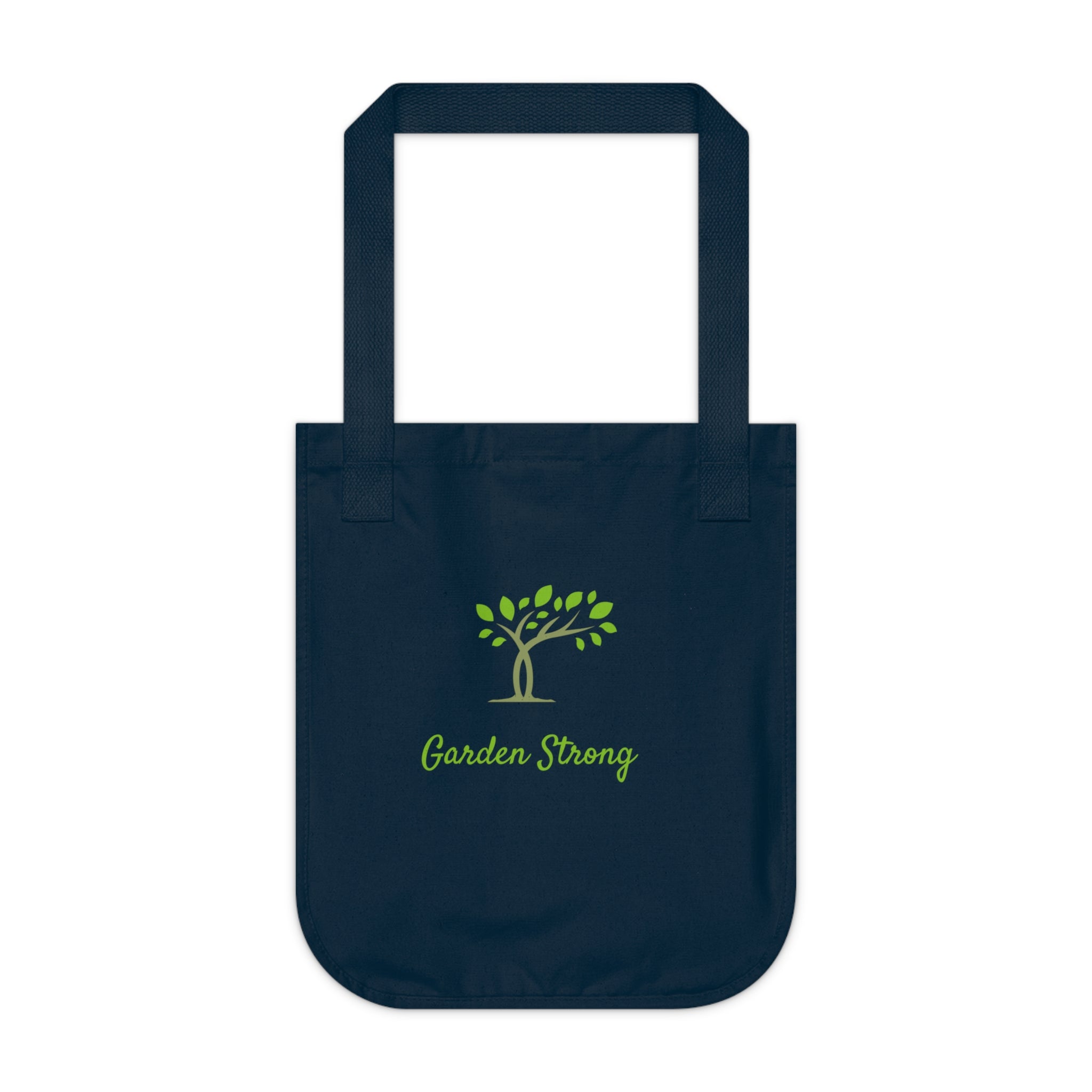 Navy blue tote bag with 'Garden Strong' and a tree design on a white background
