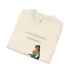 Folded t-shirt with 'I'm a gardening godmommy!' text and graphic on a white background