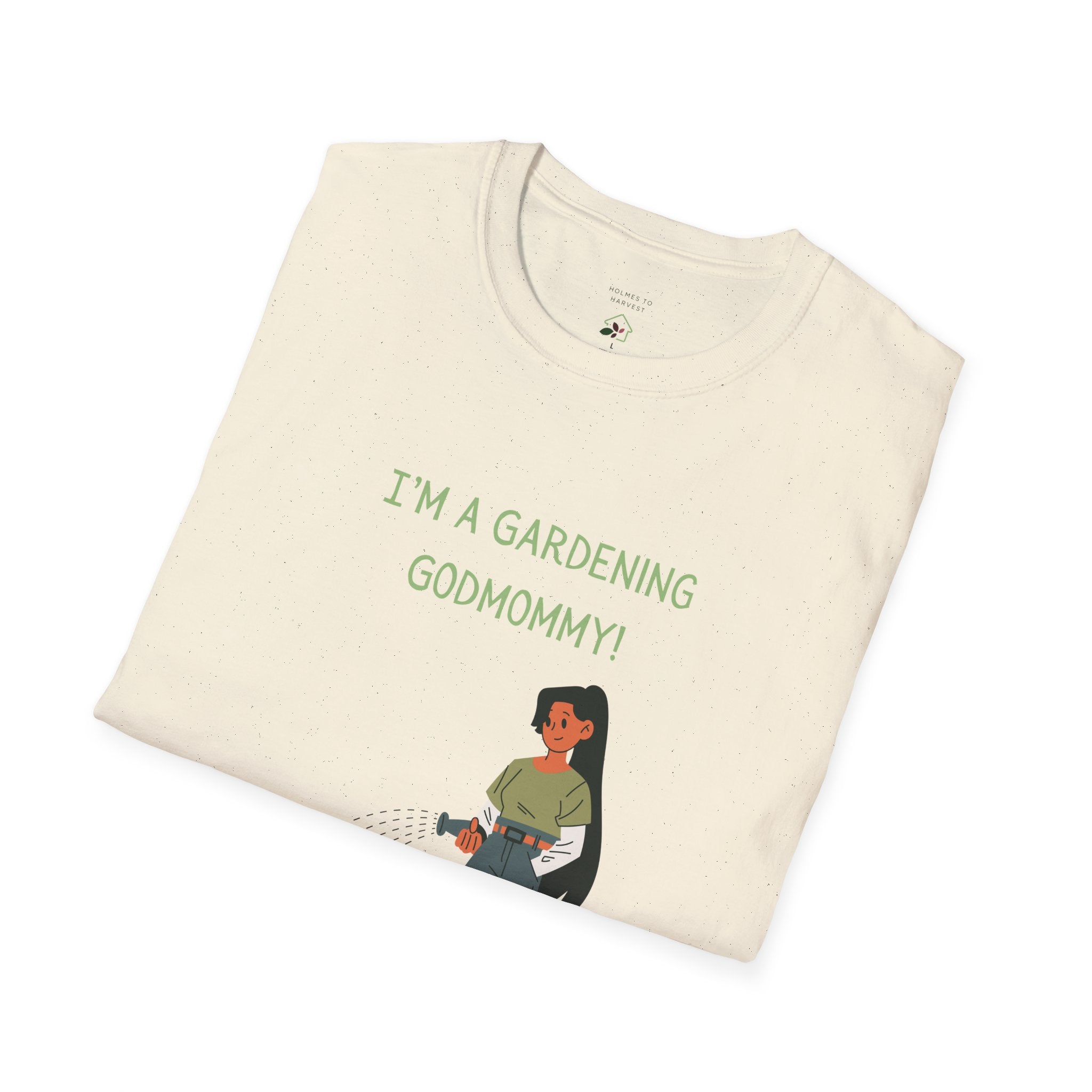 Folded t-shirt with 'I'm a gardening godmommy!' text and graphic on a white background