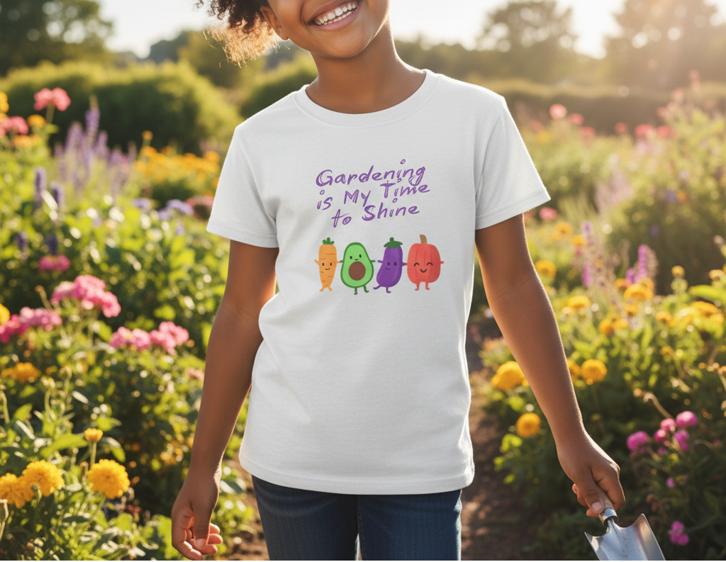 Child wearing a t-shirt with 'Gardening is My Time to Shine' and vegetable graphics in a garden setting.