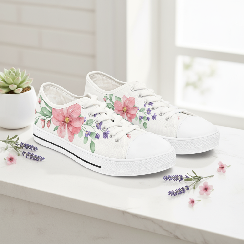 White sneakers with floral designs on a white surface