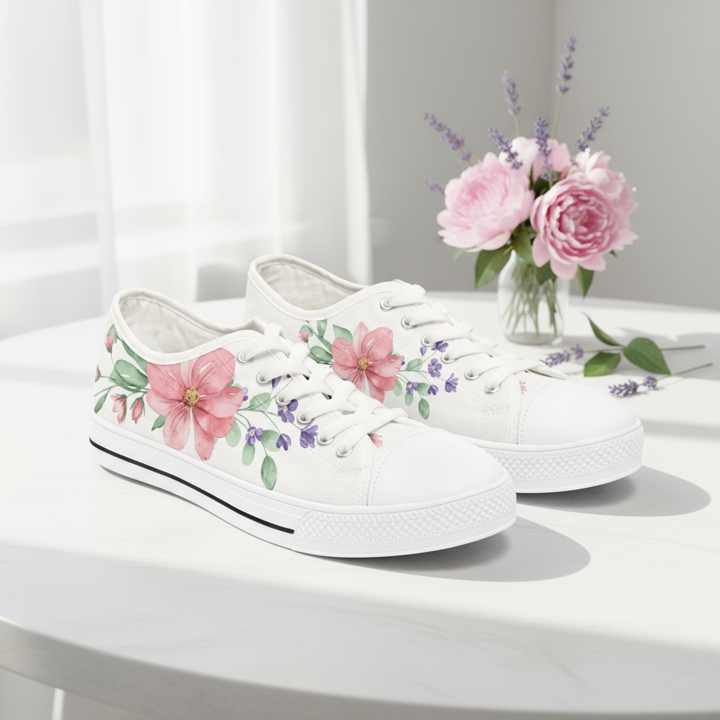 White sneakers with floral designs on a white surface with a vase of flowers.