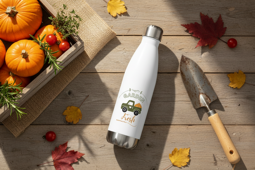 White water bottle with 'Garden Fresh' label on a wooden surface with pumpkins and leaves.